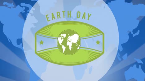 animation of earth day text and globe logo over blue world map