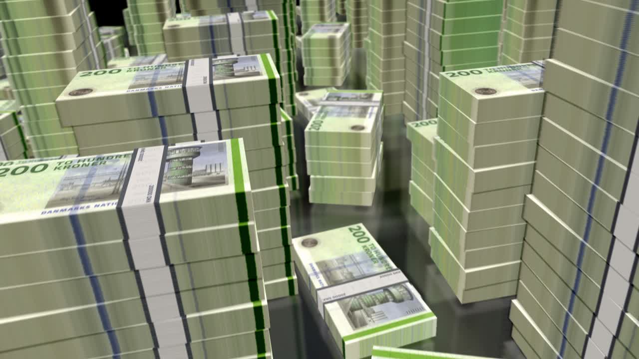 덴마크 크로나 (danish krone) 위를 날아다니는 3d 애니메이션