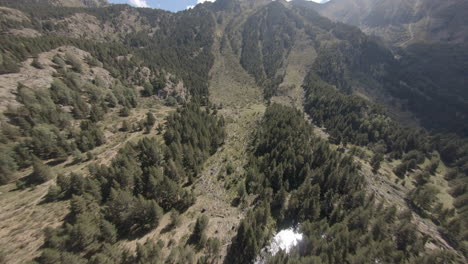 Sensational-aerial-drone-view-of-Porte-Puymorens-mountains,-flying-over-valley