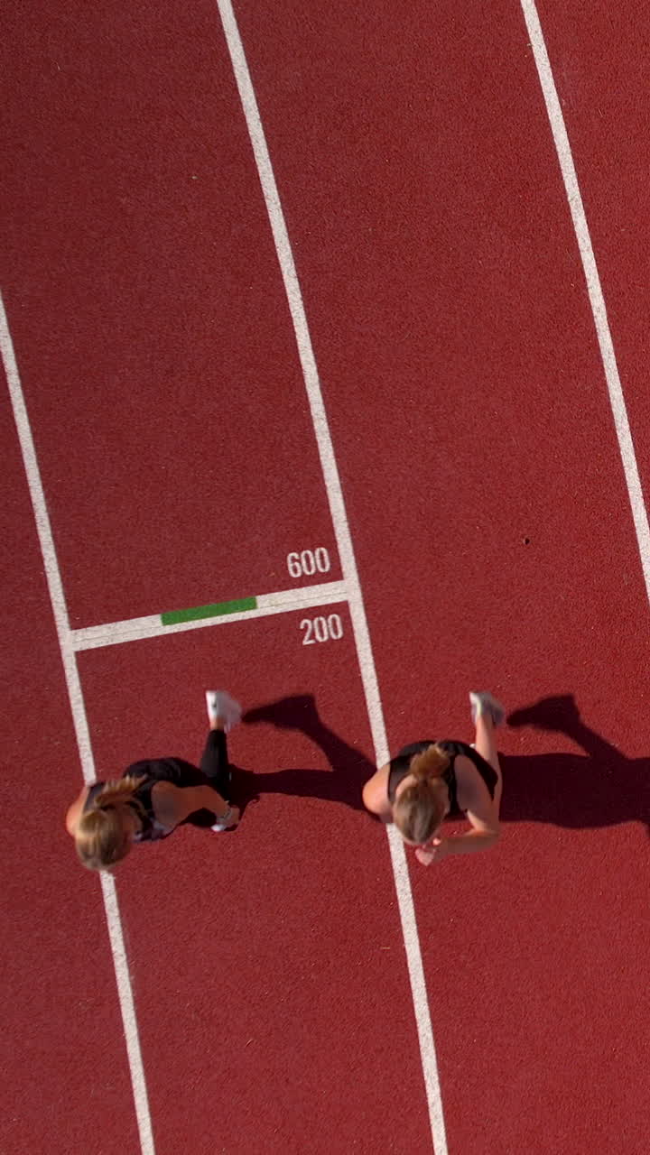 Aerial vertical shot of two female athletes jogging on a professional red running track at a stadium during sunset. Perfect for fitness, sports and health content