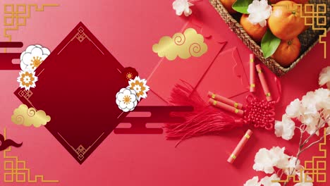 animation of chinese pattern and blossom and orange decoration on red background