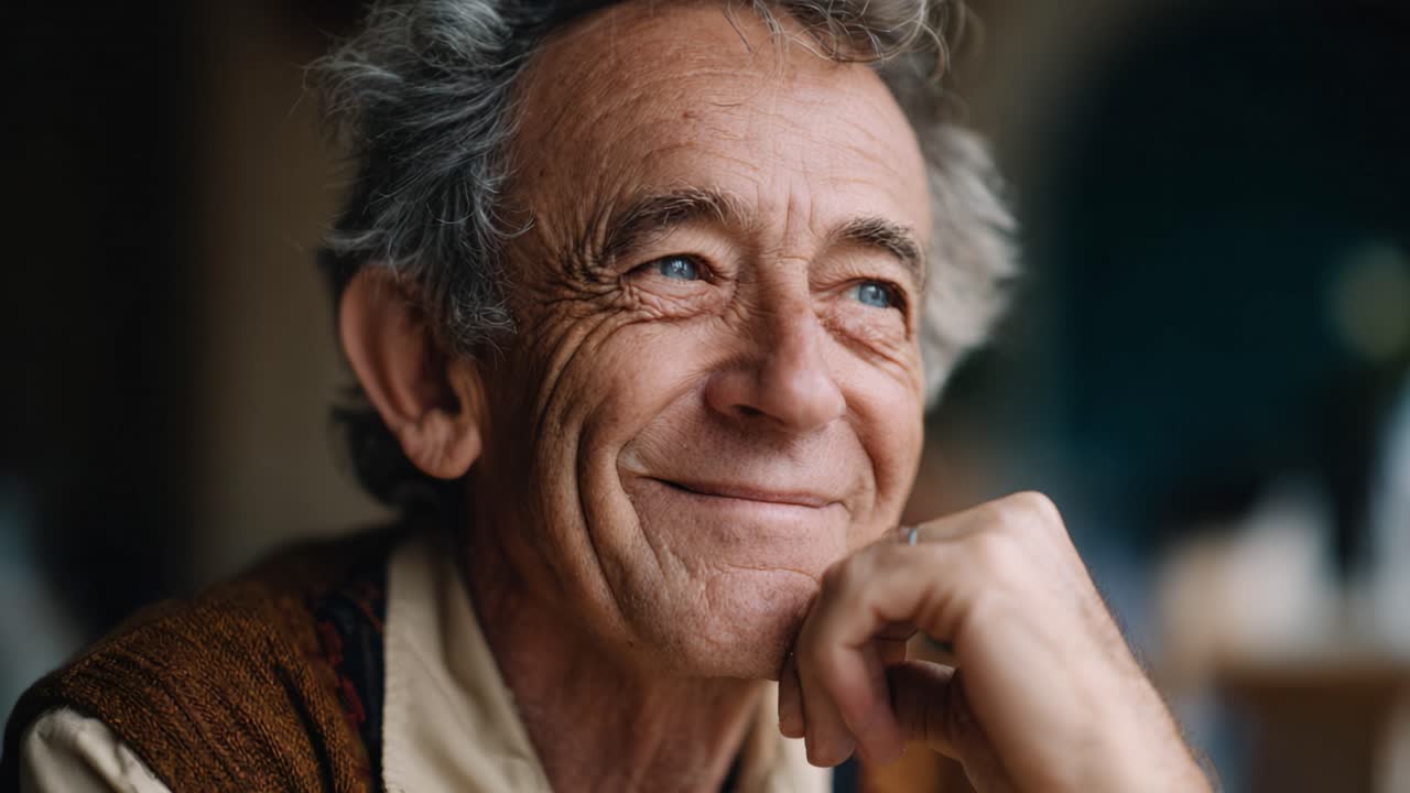 Un anziano con un sorriso pensieroso, con i capelli grigi, che mostra saggezza e calore in un ambiente sereno, riflettendo sulla vita e sulle esperienze con un atteggiamento gentile.