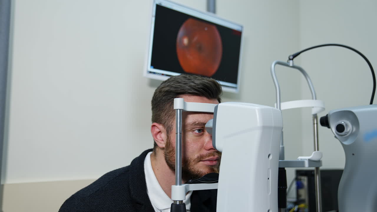 Patient in ophthalmology clinic. Man looks inside apparatus for medical therapy. Young man checking his eyes in ophthalmologist office.