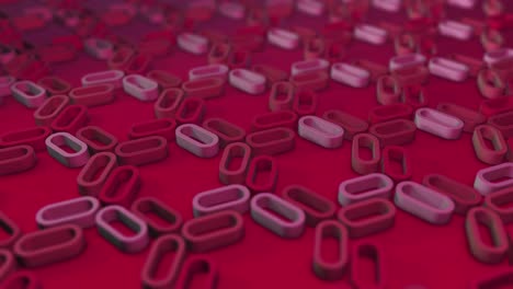 simple minimalistic 3d loopable render of rotating extruded shapes . crimson red ovals, links. selective focus