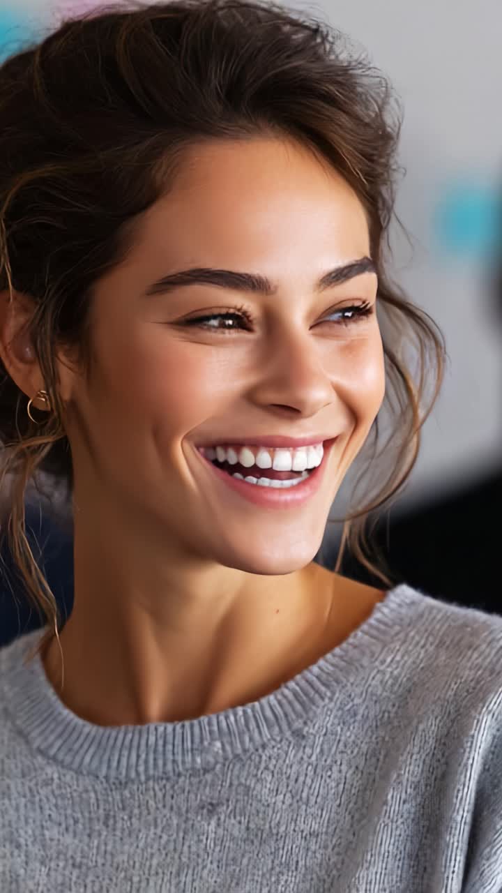 Joven alegre con una sonrisa radiante y vestimenta informal que irradia alegría y positividad, capturada en dos fotogramas que muestran su atractiva personalidad y expresión.