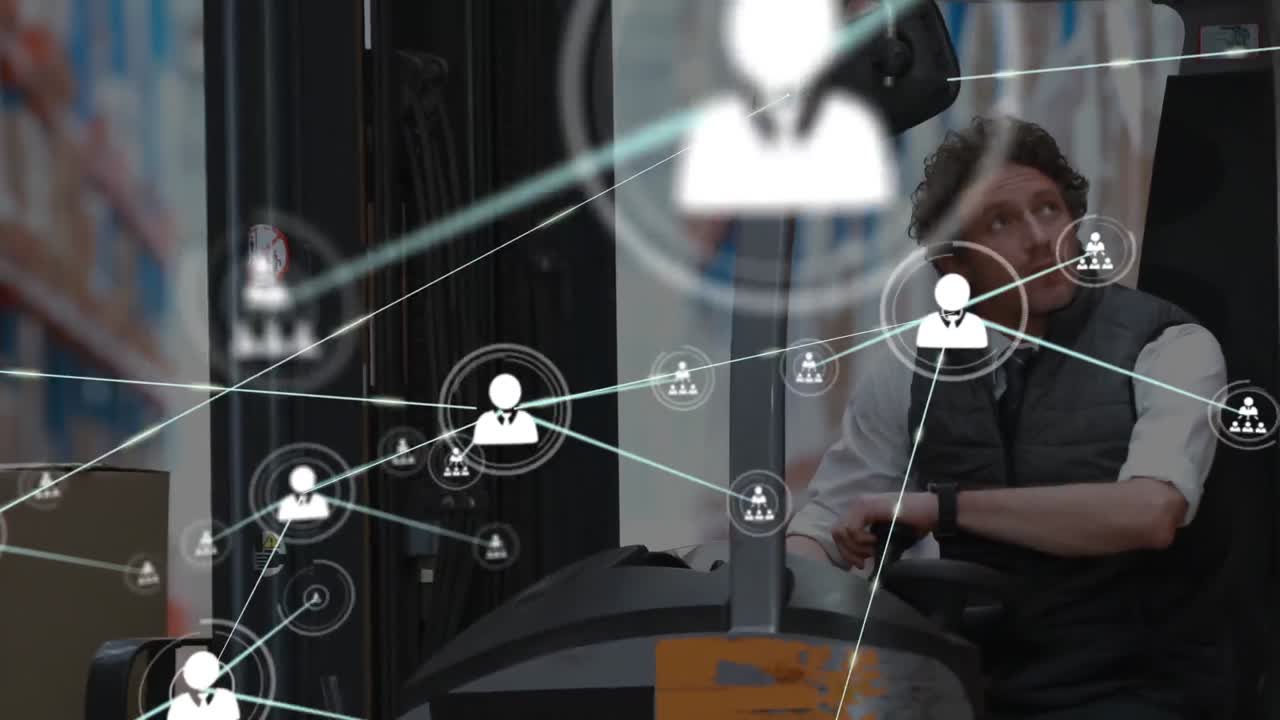 animación de la red de conexiones con iconos sobre el hombre que trabaja en el almacén