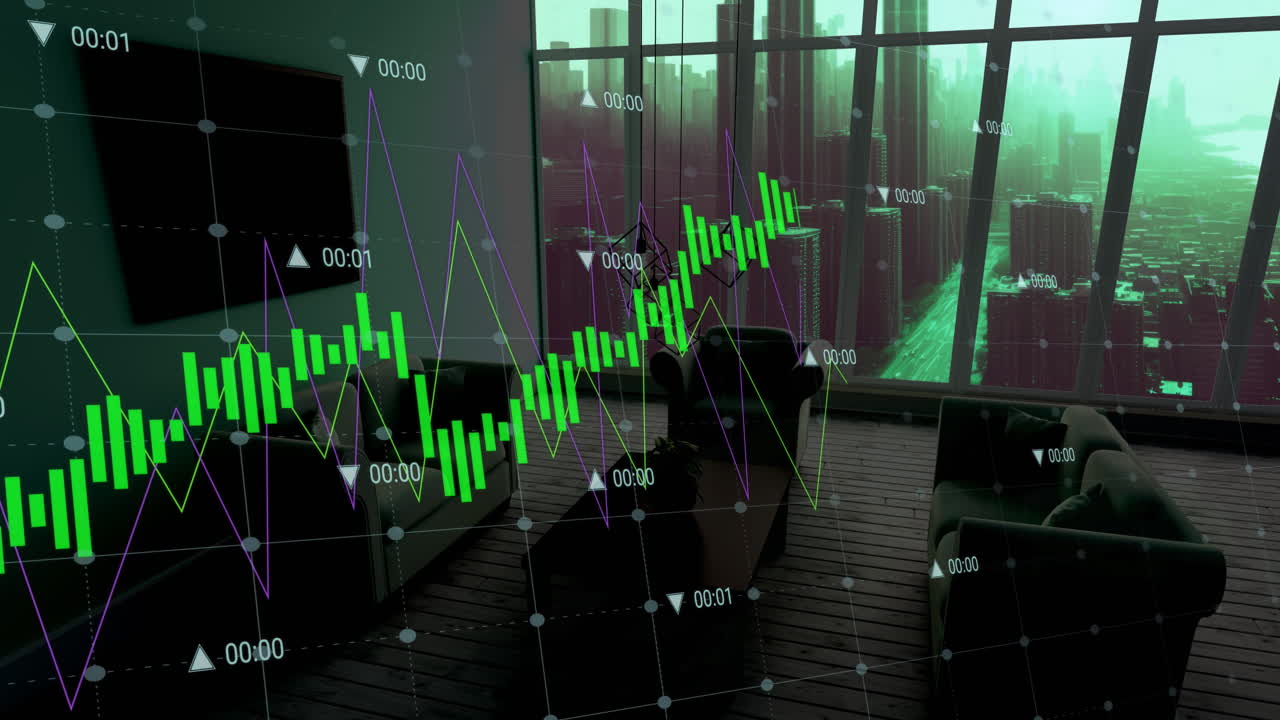 Animasjon av databehandling over en moderne leilighet og et bylandskap