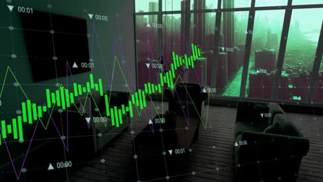 animation of data processing over modern apartment and cityscape