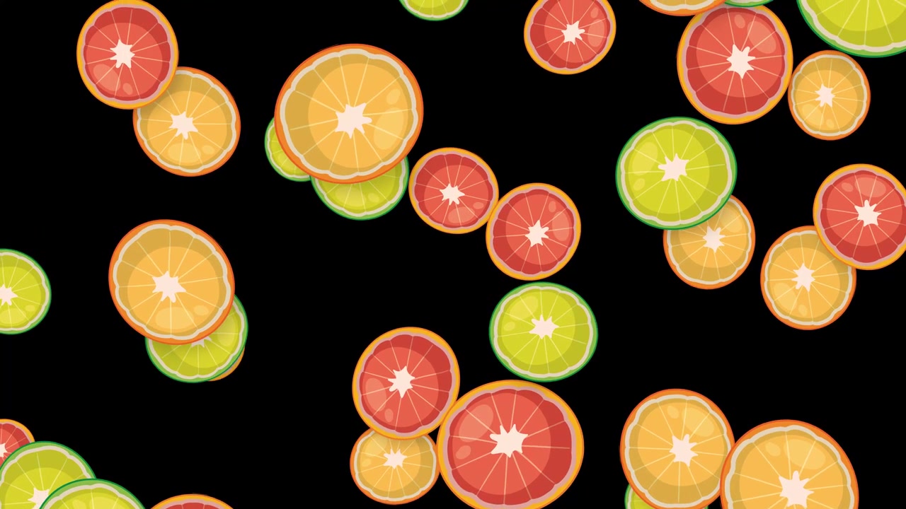 Colorful orange, lime, and grapefruit slices fall vertically against a solid black background.