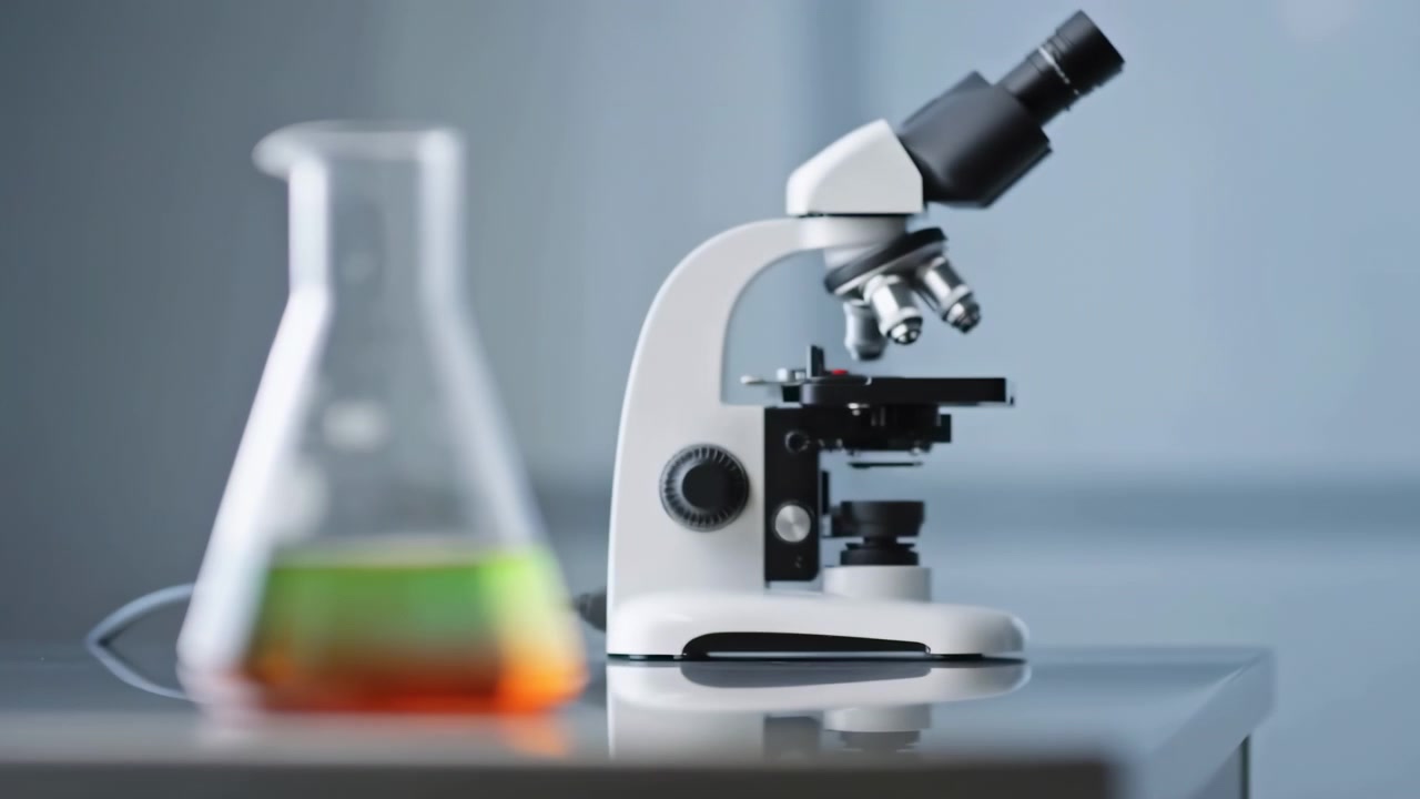 Selective focus on compound microscope at right while Erlenmeyer flask at left remains softly blurred, both stationary on glossy laboratory bench under cool diffuse left-side lighting that creates