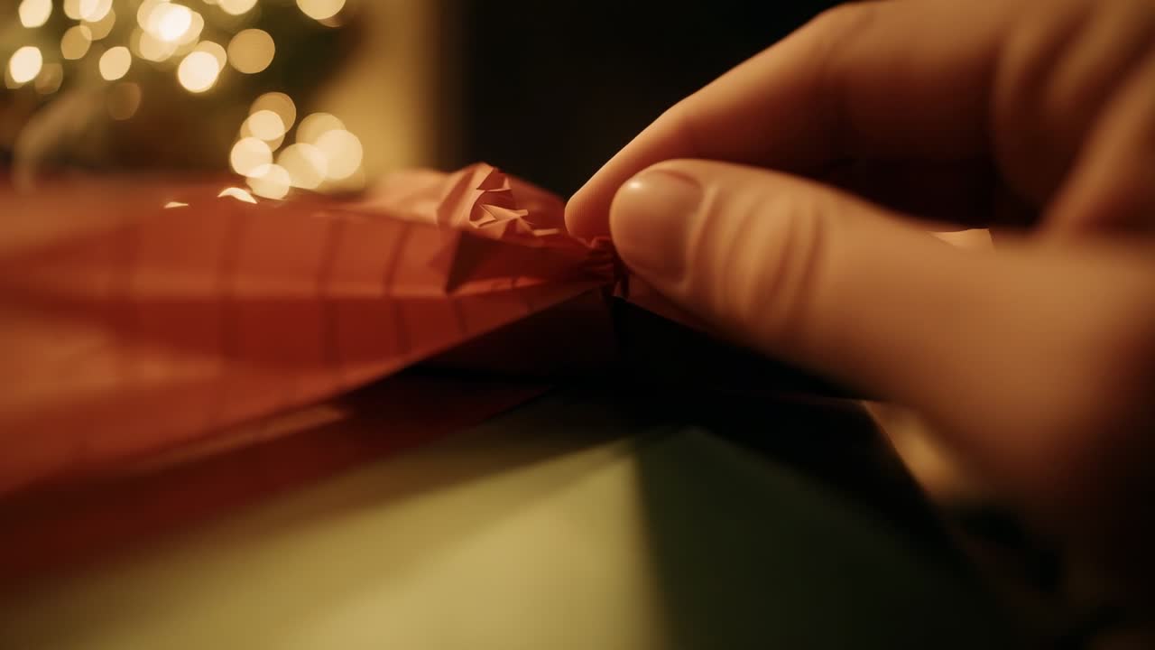 Pinching red paper corner, male hand peeling wrapping to reveal gift box at home near lights