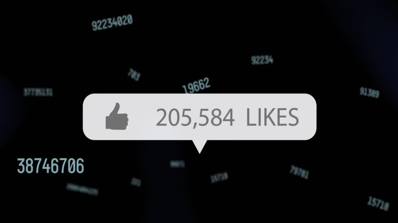 Animation of social media like icon floating over changing numbers on black background