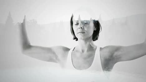 double exposure of woman practicing yoga