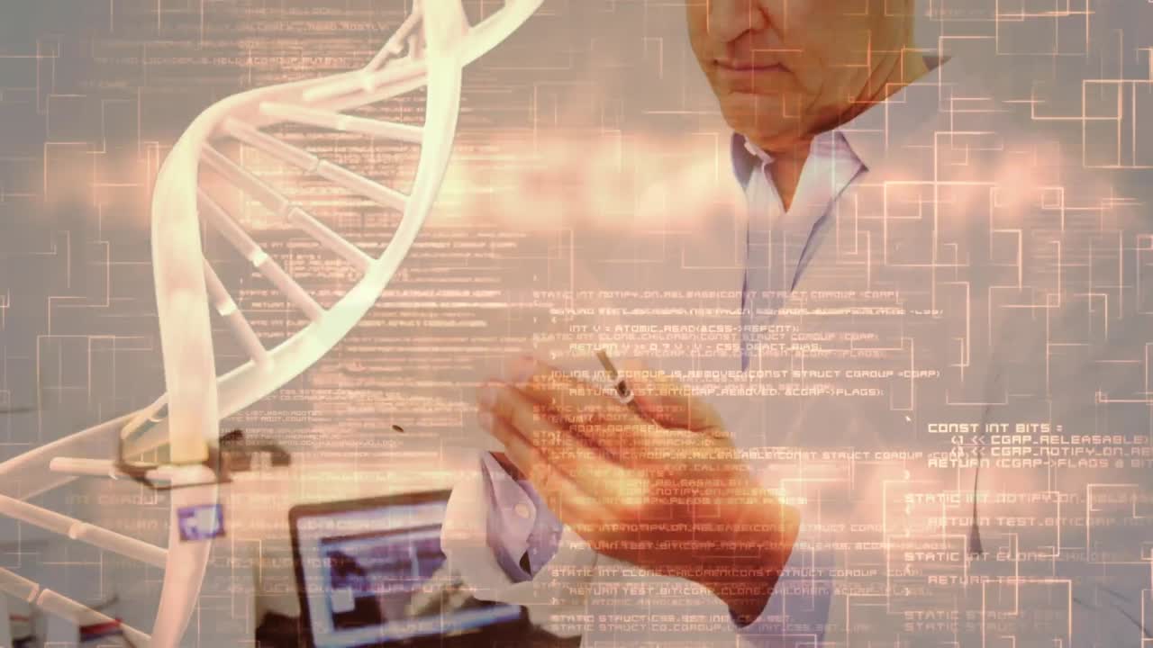 태블릿을 사용하는 백인 남성 의사에 대한 dna 가닥 회전 및 의료 데이터 처리 애니메이션