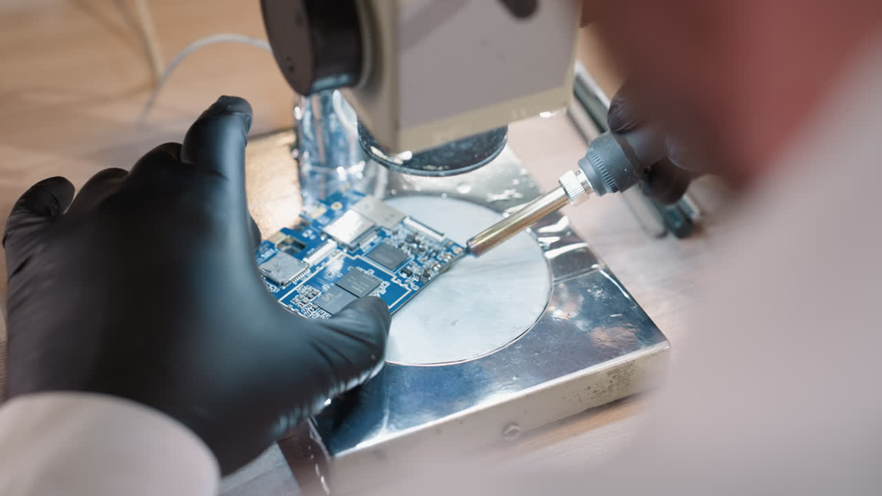 Behind view of a technician's gloved hands meticulously soldering a blue circuit board under a microscope, the technician uses a soldering iron to work on the circuit