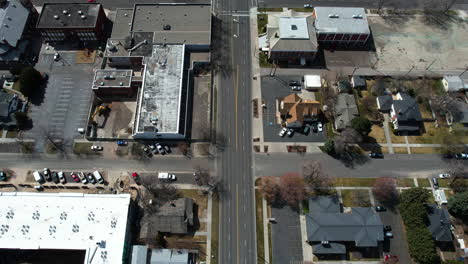 birds eye aerial view of downtown twin falls, idaho usa, street traffic and buidings