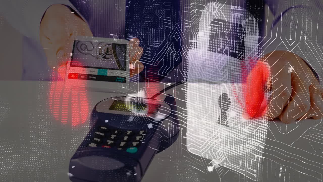 Animation of data processing over hands paying with smartphone