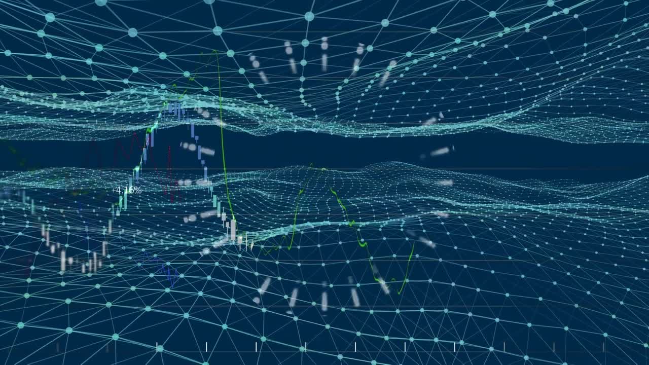Animation of data processing over light spots on black background