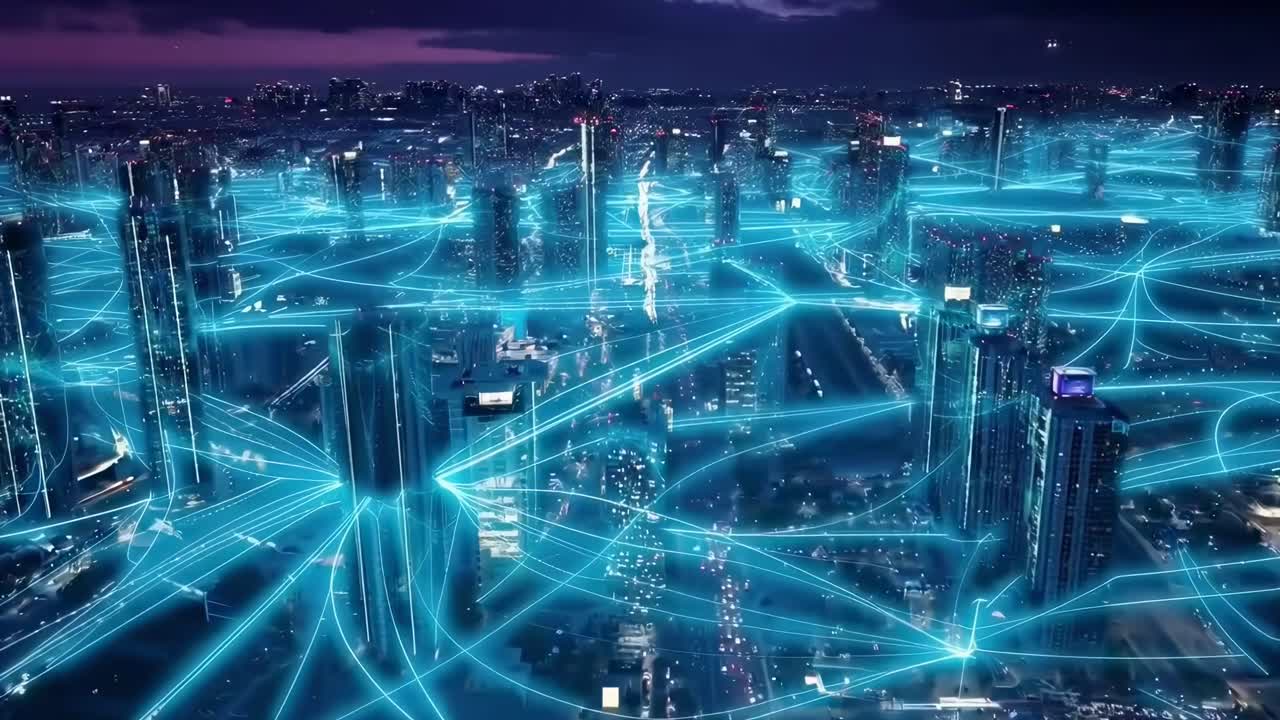 Vista aerea di una città futuristica con linee di rete luminose, perfetta per video tecnologici